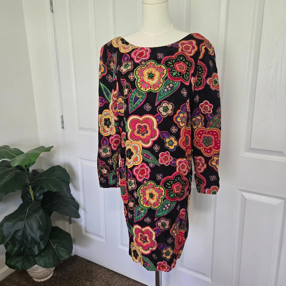 Nipon Boutique Dress Womens 4 Black Silk Floral Paisley Vintage Scoop Back Shift